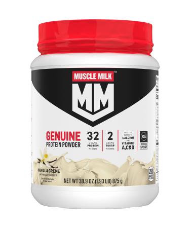 Muscle Milk Genuine Protein Powder, Vanilla Creme, 1.93 Pounds, 12 Servings, 32g Protein, 2g Sugar, Calcium, Vitamins A, C & D, NSF Certified for Sport, Energizing Snack, Packaging May Vary Vanilla 1.93 Pound (Pack of 1)