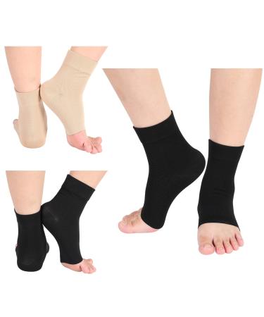 2 Pairs Compression Socks for Women Compression Ankle Sleeve 20-30mmhg Foot Open Toe Socks for Swelling  Ankle Brace  Arch Support  Pain Relief and Men Heel Socks  Black and Nude Color (Medium)