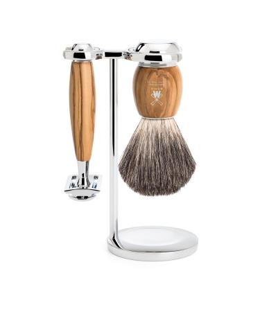 M HLE Vivo shaving set - safety razor shaving brush with pure badger hair and holder - handles made of fine olive wood - Buy Online on GoSupps.com