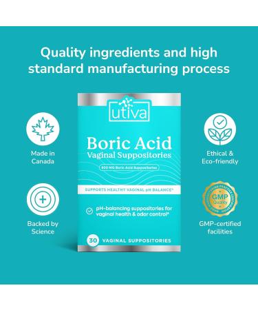 Utiva Boric Acid Suppositories pH Balance Feminine Care for Women | 600mg | 30 Count Supports Vaginal Health - Buy Online on GoSupps.com