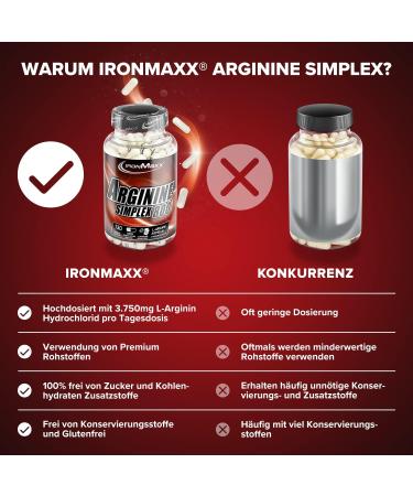 Ironmaxx Arginine Simplex 800 - 130 Capsules | 3750mg L-Arginine HCL | Preservative-Free & Tasteless Supplement for Optimal Performance - Buy Online on GoSupps.com