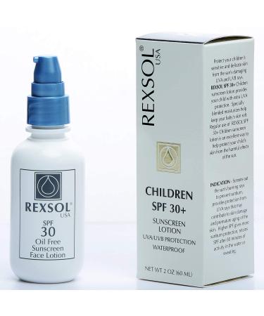 REXSOL Children SPF 30+ Sunscreen UVA/UVB Protection Waterproof | Enriched with vitamins A C E and natural plant extracts | With nourishing moisturizers and anti-oxidants. (60 ml / 2 fl oz)