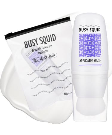 Busy Squid Sunscreen Applicator for Kids and Adults Refillable Bottle with Integrated Makeup Brush Mess Free Even Application Travel Size Sunscreen Brush Lotion Applicator for Face and Body
