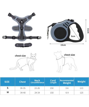 QKTYB Cat Harness and Retractable Dog Lead Set - 5m/16.4 Ft Extendable Leash - Soft Harness for Cats and Small Dogs - Grey (S) - Buy Online on GoSupps.com