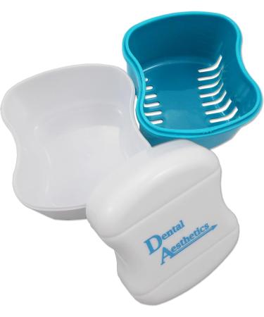 Denture Bath with Double Bristle Brush - Blue Soaking Container for Dentures - Buy Online on GoSupps.com