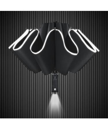 Lejorain Folding Reverse LED Umbrella - Upside Down Reflective Umbrella Compact Inverted Travel Windproof Umbrella Auto Open Close for Rain 1.Black