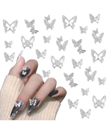 NICENEEDED Butterfly Nail Charms Silver 3D Crystal Rhinestone Nail Art Bows Mini Cute Nail Art Decorations for Women Girls Manicure Design DIY Craft