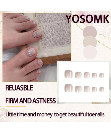 YOSOMK Nude Pink Glitter Short Press on ToeNails - 24Pcs False Toe Nails for Women - Buy Online on GoSupps.com