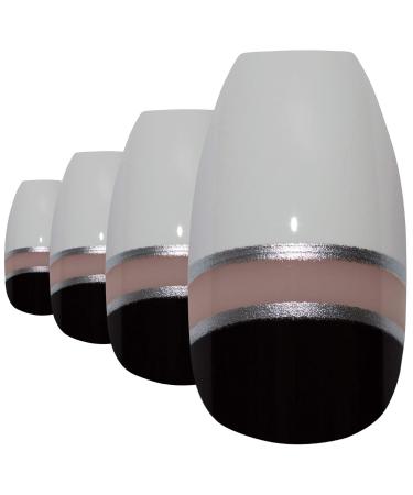 Bling Art False Nails - Black & White Glossy Ballerina Coffin - 24 Artificial Long Tips with Glue for Perfect Manicure - Buy Online on GoSupps.com