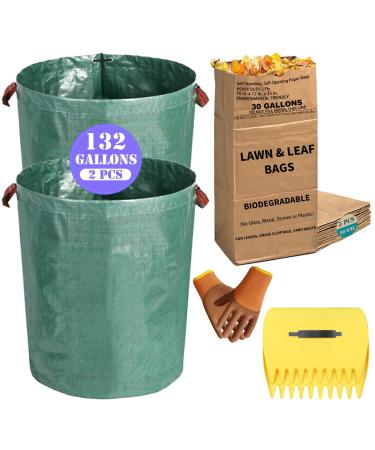 Lawn and Leaf Bags Kit with 5 PCS 30 Gallon Large Kraft Paper Bags and 2 PCS 132 Gallon Reusable Heavy Duty Garden Bag and Leaf Scoops | 2-Ply Large Kraft Paper Bags | Waste Bag for Home and Garden