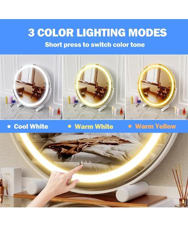 Gvnkvn 20 Vanity Mirror with Lights | LED Makeup Mirror | Large Round Lighted Mirror | Smart Touch Control | 3 Colors Dimmable | 360 Rotation | White - Buy Online on GoSupps.com