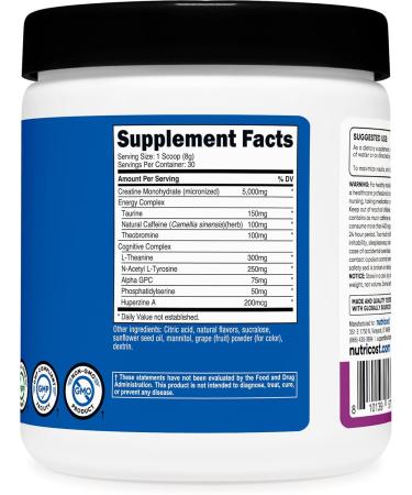 Nutricost Creatine + Energy 30 Servings (Grape Flavored) - 5 000mg Creatine Monohydrate + 350mg Energy Complex Per Serving - Buy Online on GoSupps.com
