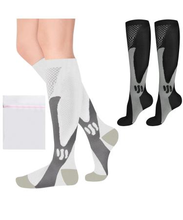 Acwoo compression stockings women and men 2 pairs compression socks Medical compression stockings knee socks women thrombosis socks compression socks for sports outdoor (l/xl black/white) 40-46