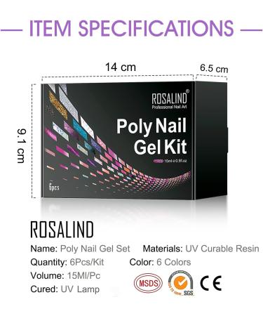 ROSALIND Neon Poly Nail Gel Kit 6 Colors 15ml Green Yellow Blue White Pink and Purple Nail Builder Gel Extension Tubes Set for Women DIY Manicure at Home (Candy Colours) - Buy Online on GoSupps.com