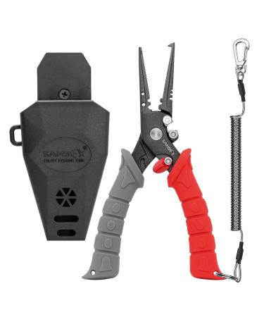 SAMSFX 7.5 inch Fishing Pliers, Stainless Steel Hook Remover Fishing Gear, Tungsten Carbide Cutters, Corrosion Resistant Teflon Coating Gray & Red Hanlde, Split Ring Nose