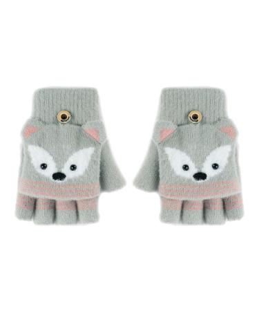 Toddler Kids Puppy Flip Top Short Knitted Half Finger Gloves for 3-8 Yrs Fox/Grey
