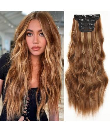 YDDM Hair Extensions Clip in Extensions Wavy hair extension with clips full of heads like real hair hair exension clips cheap clip extensions synthetic hair part for women (24zoll 4pcs) 24 inch p30/26d#