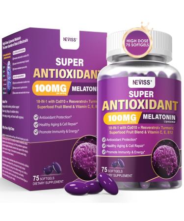 Melatonin 100mg for Antioxidant & Cognitive Health Ultra High Dose Melatonin with CoQ10 Turmeric Trans-Resveratrol Vitamin B12 C E for Brain Anti-Aging Cellular Repair and Energy 75 Softgels 75 Count (Pack of 1)