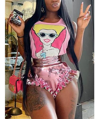Hilinker Women's High Waisted Ruffle Trim Metallic Shiny Shorts - Small Pink | Perfect for Rave Parties & Club Events - Buy Online on GoSupps.com