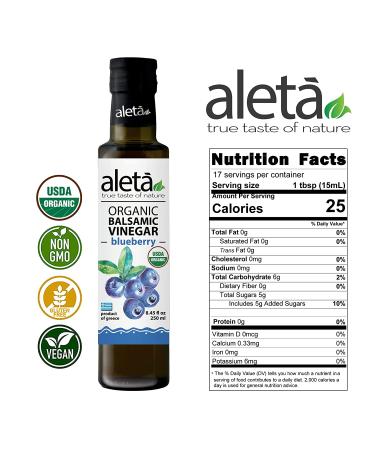 Aleta Organic Blueberry Infused Balsamic Vinegar 8.45 oz - Perfect for Salad Dressings, Vinaigrettes, Pasta, Desserts & Cocktails - Buy Online on GoSupps.com