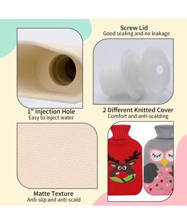 2 Pack Hot Water Bottles with Knit Cover - 2 Liters Rubber Water Bags for Pain Relief - Hot/Cold Therapy - Cartoon Deer & Owl Design - Buy Online on GoSupps.com