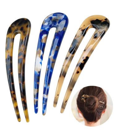 HYFEEL French Hair Forks Tortoise Shell U Shape Updo Hair Pins Clips for Thin Thick Hair, 4.3 inch Classic Cellulose Acetate 2 Prong Bun Hair Sticks Chignon Women Vintage Hairstyle Accessories, 3 Pack Blue, Tortoise Shell