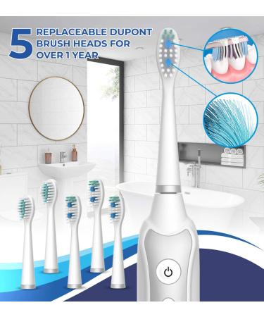 Sonic Electric Toothbrush for Adults with 5 Replacement Heads, 3 Modes & Timer | Rechargeable Travel Toothbrush - White - Buy Online on GoSupps.com