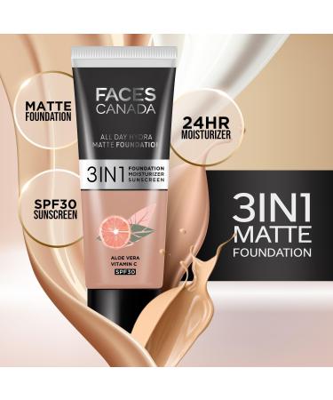 FA..CES/ CANADA All Day Hydra Matte Foundation - Mini | 3-in-1 Foundation + Moisturizer + SPF 30 | 24 HR Aloe Hydration & Vitamin C | 10HR Long Wear | Medium to High Buildable Coverage | Medium Natural 15ml - Buy Online on GoSupps.com
