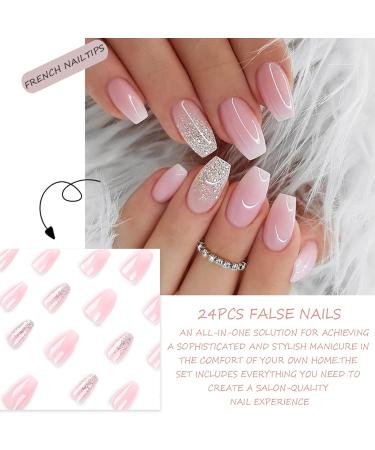 24 PCS Sliver Glitter Press on Nails Glossy Pink French False Nails Square Short Fake Nails Full Cover Stick on Nails for Women Girls Daily Wear (Pink White Glitter Gradient) - Buy Online on GoSupps.com