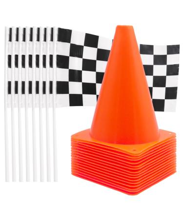 Panxxsen 40 Pcs Traffic Cones and Racing Checkered Flags,20-7 Inch Sports Cones and 20 Black and White Flags with Sticks,Racing Car Party Supplies Kids Birthday Party Decorations