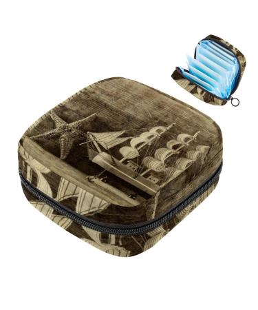 Menstruation pad bag with zipper women's napkin bag tampons collection bags for women and girls (vintage wood sailboat seafares on wooden image)