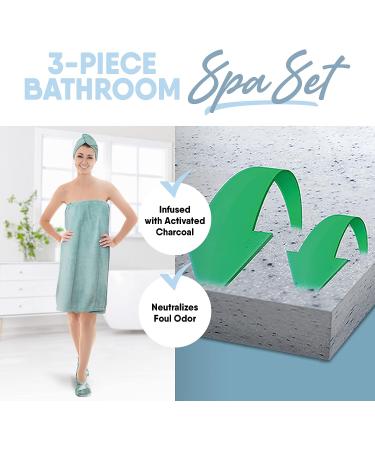 MICRODRY 3-Piece Bathroom Spa Set - Quick Drying Hair Towel, Body Wrap, Memory Foam Slippers - Aqua - Buy Online on GoSupps.com
