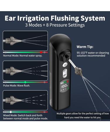 2025 Upgraded Smart Ear Washer - 3 Modes & 8 Speed Adjustable Ear Cleaning Kit with Temperature Detection 1200mAh with USB IPX7 Waterproof 2 Nozzles for Family Use (Black) - Buy Online on GoSupps.com