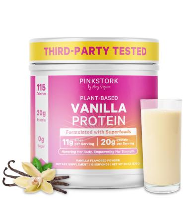 Pink Stork Protein Powder for Women 20g Plant Based Protein Powder with Fiber + Superfoods Gluten Free Dairy Free Sugar Free Pregnancy Friendly Vanilla Protein Shake - 15 Scoops