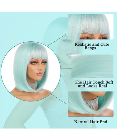 eNilecor Mint Green Short Bob Wig ? 12 Straight Synthetic Hair with Bangs | Cosplay & Daily Use + Free Wig Cap - Buy Online on GoSupps.com