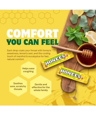 Honees Filled Honey Lemon Cough Drops- Filled with Honey, Menthol, Lemon and Eucalyptus - Nothing Artificial -Natural Sore Throat Lozenges- Non-GMO (24 Pack 216 Drops) - Buy Online on GoSupps.com