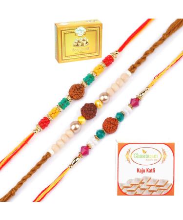 Ghasitaram Gifts Rakhi for Brother Rakhis Online - Set of 3-1986 1988 1908 Rudraksh Rakhis with 200 GMS of Kaju katli and 200 GMS of Soan Papdi
