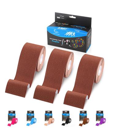 (3 Pack) Kinesiology Tape, N.C.D Waterproof Muscle Tape for Athletes Shoulder Back Muscles Joints Sports Tape Athletic Elastic Fitness Patch 2 Inch×16.4 Ft(Brown)