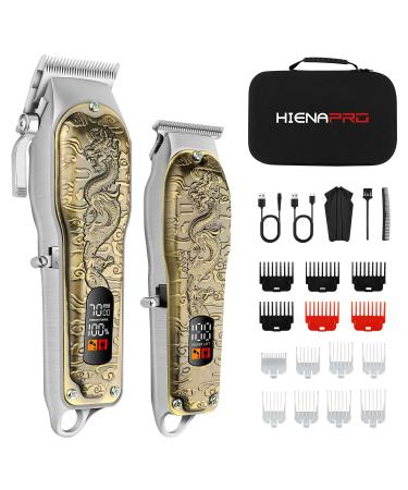 HIENA PRO Hair Clippers for Men T-Blade Trimmer Set Men Professional Cordless Barber Hair Clippers Set with LED Display Bronze-coiled Dragon
