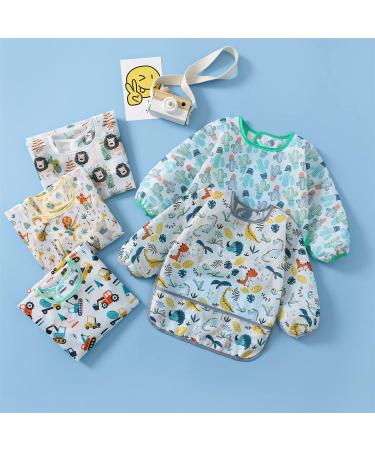 Yealoo 5 Pack Waterproof Baby Bibs with Sleeves | Washable Sleeved Bibs for 6-30 Months - Excavator Dino Lion Cactus & Concert Designs - Buy Online on GoSupps.com