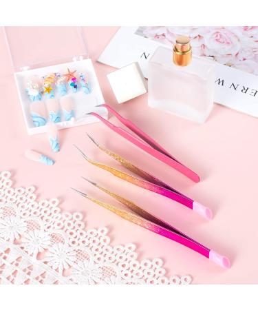 3Pcs Double Ended Nail Art Tweezers Set - Stainless Steel Straight Curved Tip, Silicone Head - Precision Lash, Rhinestone Picker Tool for Women & Girls - Buy Online on GoSupps.com