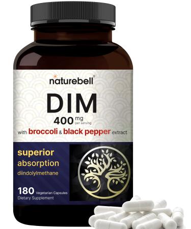 NatureBell DIM 400mg as Diindolylmethane 180 Veggie Capsules | with Broccoli & Black Pepper for Max Absorption Hormonal* Acne Supplements Menopause Relief No GMOs No Soy Vegan Friendly 90.0 Servings (Pack of 1)