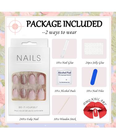 Almond Fake Nails Long 24Pcs Glitter French False Nails Pink Glitter Press on Nails Full Cover Stick on Nails with Nail Glue Oval French Nail Tips for Women Girls Nails Art French Pink Glitter - Buy Online on GoSupps.com