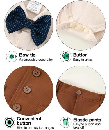 Amissz Baby Boy Gentleman Outfit Set | Long Sleeve Romper, Pants, Bow Tie | 3-18 Months | Formal Tuxedo Clothing | Brown - Buy Online on GoSupps.com