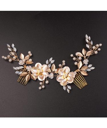 Teyglen Wedding Gold Rhinestones Hair Comb Dainty Flower Leaf Crystal Pearls Hair Comb Bridal Headband Hair Accessories Crystals Bridal Side Hair Comb Hair Pieces for Women Bride Girls (Gold)