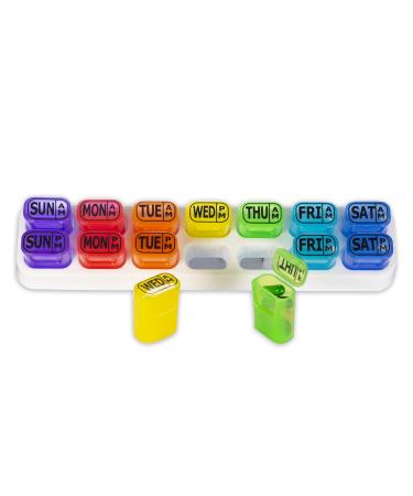 GMS Weekly Pill Organizer - 7 Day AM/PM Pop Out Pill Pods for Supplements Vitamins & Medications - Ideal for Daily Use & Travel - Rainbow