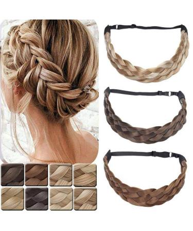 Braided Hair Extensions Headband Braid Hairband Elastic Stretch Wide Chunky Plaited Hairband Costume Hairpiece For Women Girls Medium Size 5 Strands - Ash Blonde mix Chocolate Brown