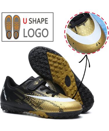 Vlookst Soccer Shoes for Boys & Girls - Unisex Artificial Turf Football Shoes | Indoor & Outdoor Training Sneakers | Black & Gold (EU Size 30-39) - Buy Online on GoSupps.com