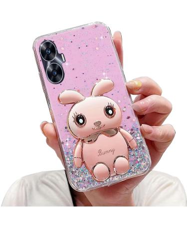 Tivenfezk Nadoli for Oppo Realme C55 Hase Hidden Stand Shell caricature glitter rabbits stand Soft silicone bling cell phone case transparent protective cover Oppo realme C55 pink