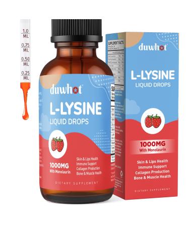 Liquid L-Lysine 1000MG with Monolaurin Drops Lysine Supplement for Women & Kids with Vitamin C D3 & B12 Zinc Citrate Lips & Skin Health Immune Support Overall Health Strawberry Flavor 2 Fl Oz